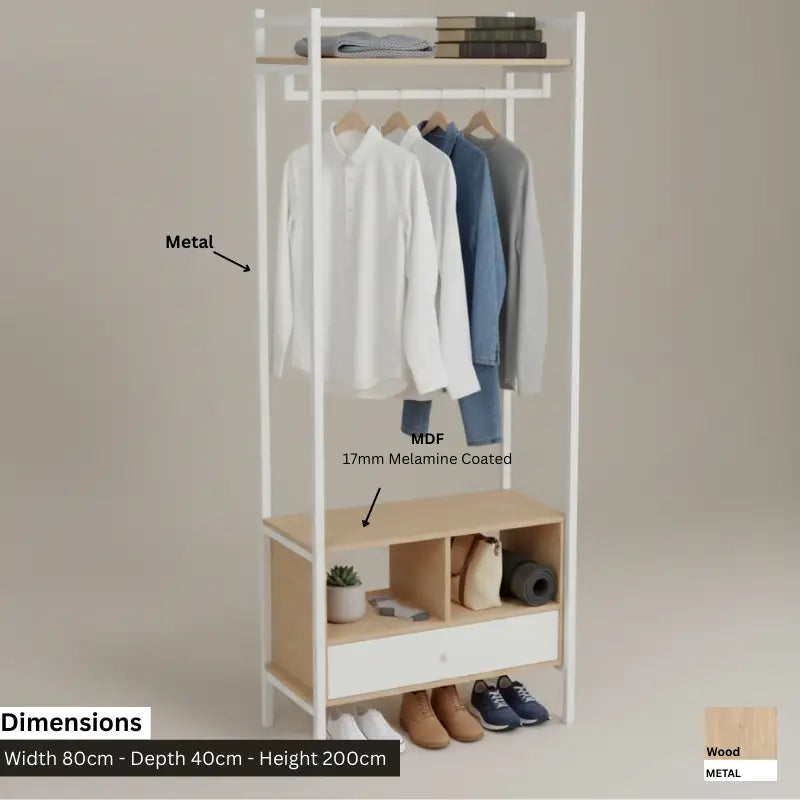 White clothes stand with metal frame, MDF shelves, 80x40x200cm, hanging rail and storage