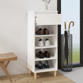 White MDF shoe rack with open shelves, holds four pairs of shoes