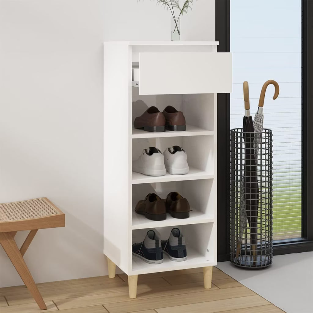 White MDF shoe rack with open shelves, holds four pairs of shoes
