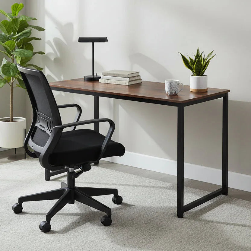 ZUSER desk with dark wood-look top and black metal frame, 120x60 cm