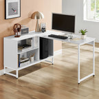 White L-shape desk with open shelves and metal frame base for home office setup