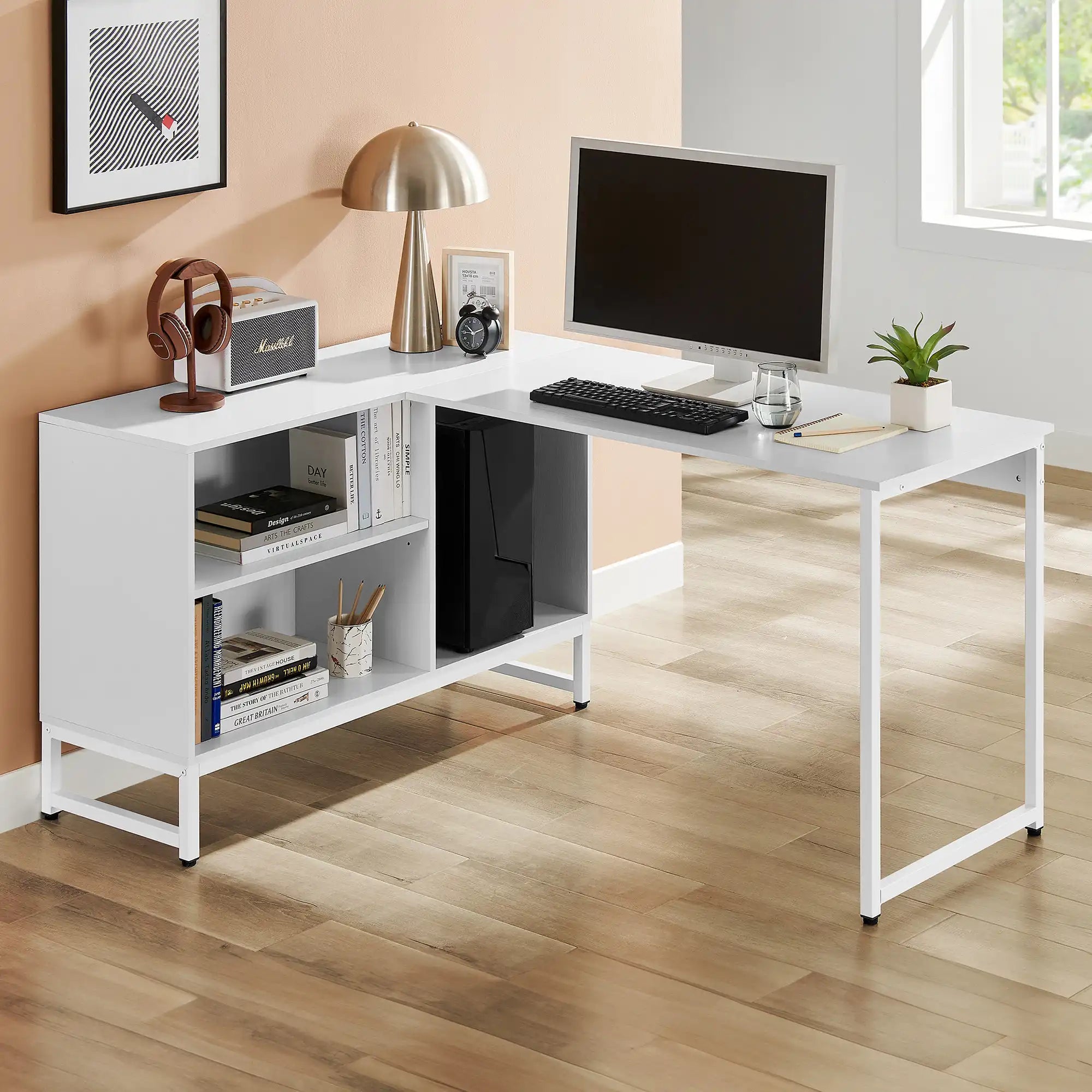 White L-shape desk with open shelves and metal frame base for home office setup