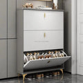 Shoe cabinet with ribbed doors, two stacked compartments and open drawer holding shoes