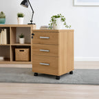 Light oak MDF 3-drawer unit with bar pulls on caster wheels