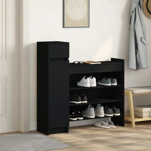 BETTY shoe cabinet in dark finish, open shelves with shoes and top storage