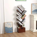 MDF bookcase with angled top shelves and lower drawer, 34x20x121cm