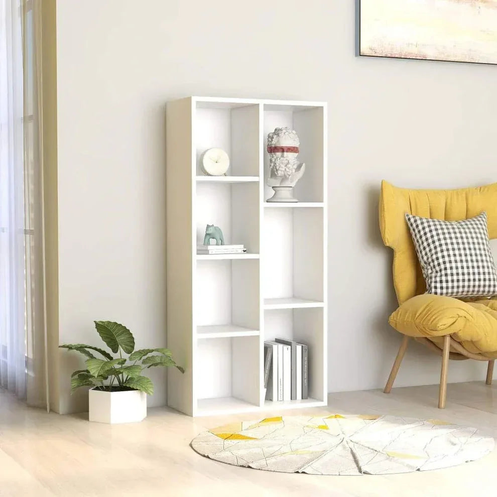 White modern MDF bookcase with open square shelves and tall cubby storage
