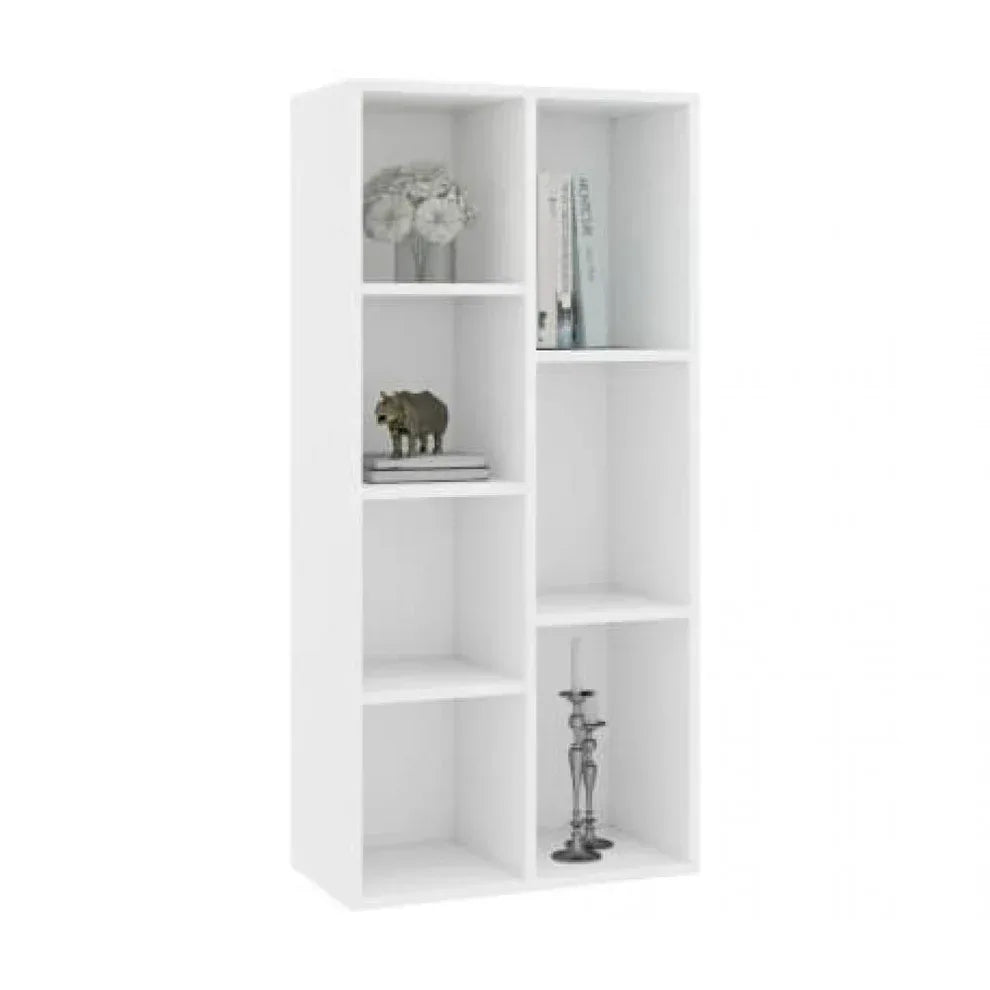 White open bookcase with vertical column of square cubbies and wide side compartments