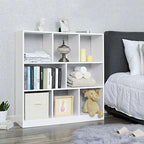 White modern bookcase with open square cubbies and two lower closed panels