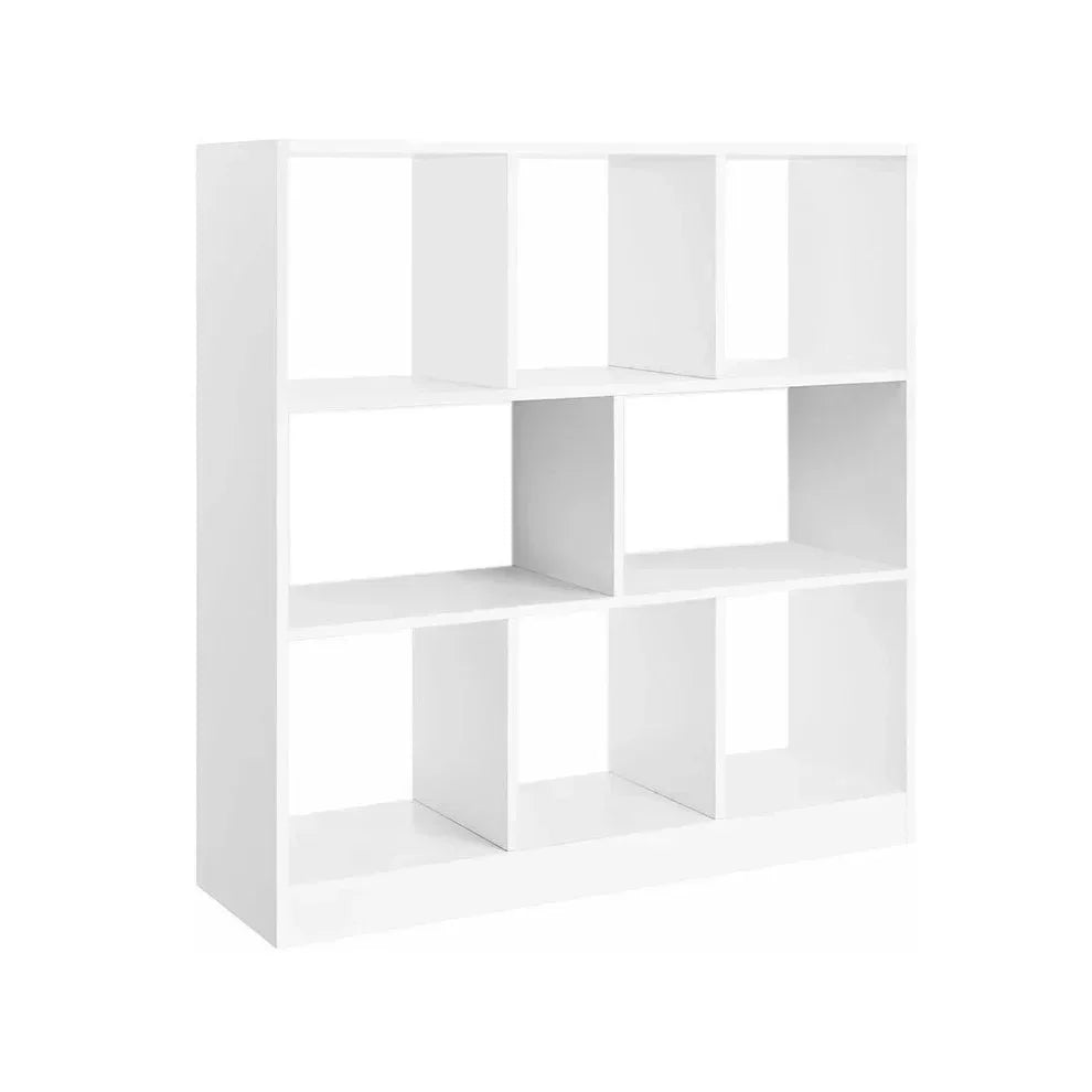 White MDF bookcase with open square cubby shelves in a 3x4 grid