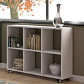 Modern MDF bookcase with 9 open cubbies and gray finish, on caster wheels