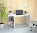 MDF desk with white tabletop, open side shelf, and front cabinet for storage