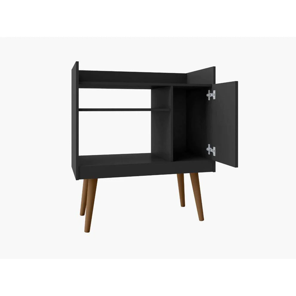 Black MDF coffee corner cabinet, hinged door open to show inner shelving