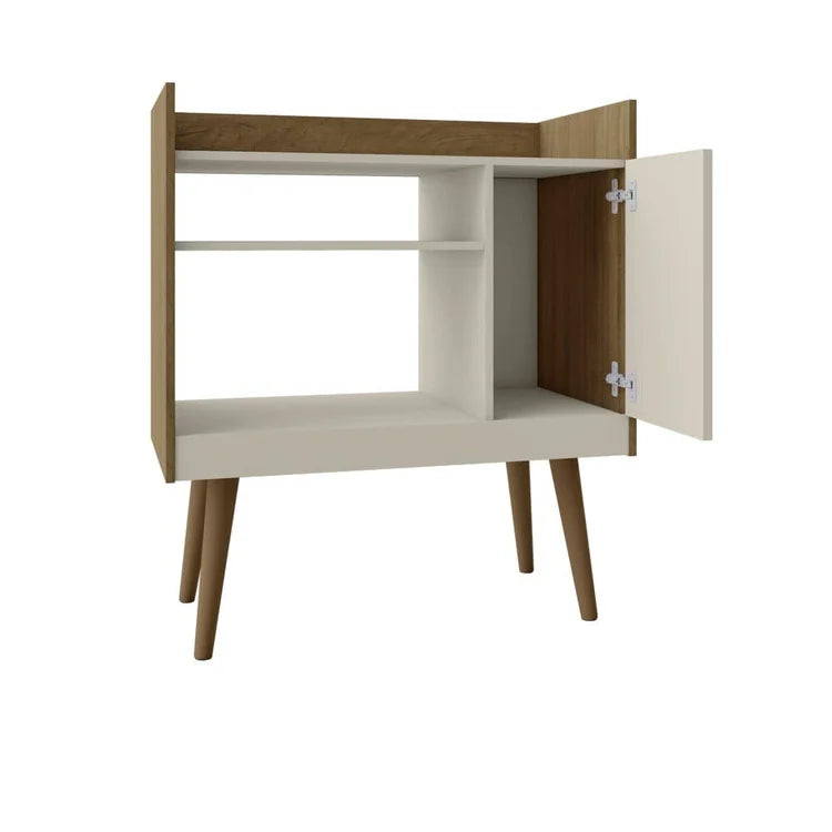 Coffee corner cabinet with open side door, interior shelves, white and light wood, angled