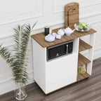 ALMA coffee corner cabinet with built-in microwave and open shelves, white body, wood top