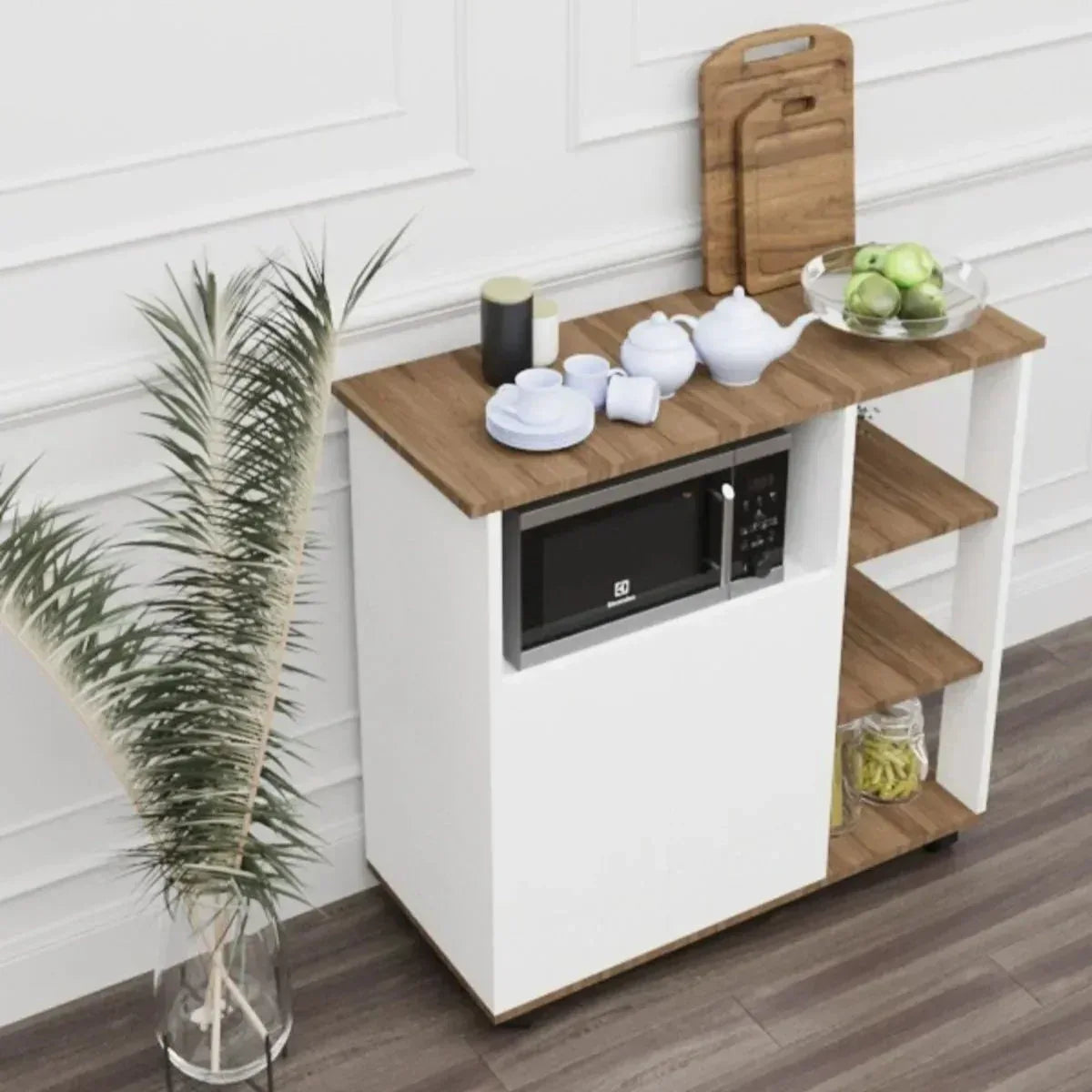 ALMA coffee corner cabinet with built-in microwave and open shelves, white body, wood top