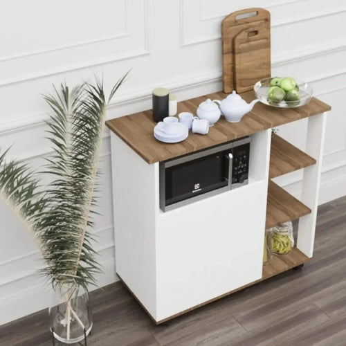 ALMA coffee corner cabinet with built-in microwave and open shelves, white body, wood top