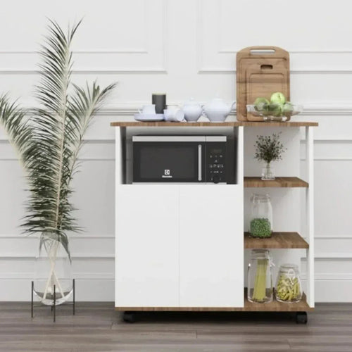 Coffee corner cabinet with built-in microwave and side storage shelves, white cabinet and wood top