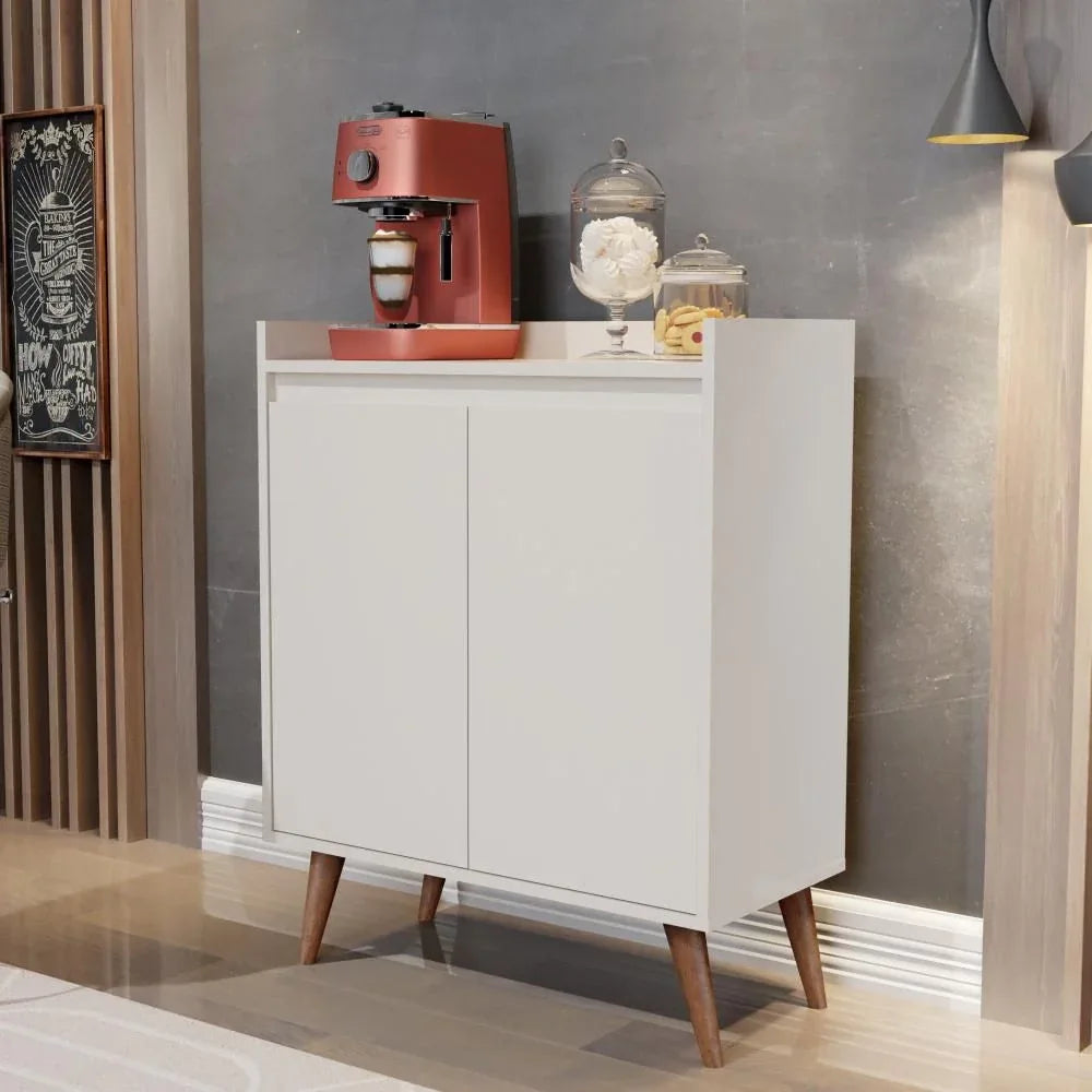 White MDF coffee corner cabinet with two doors and wooden tapered legs.