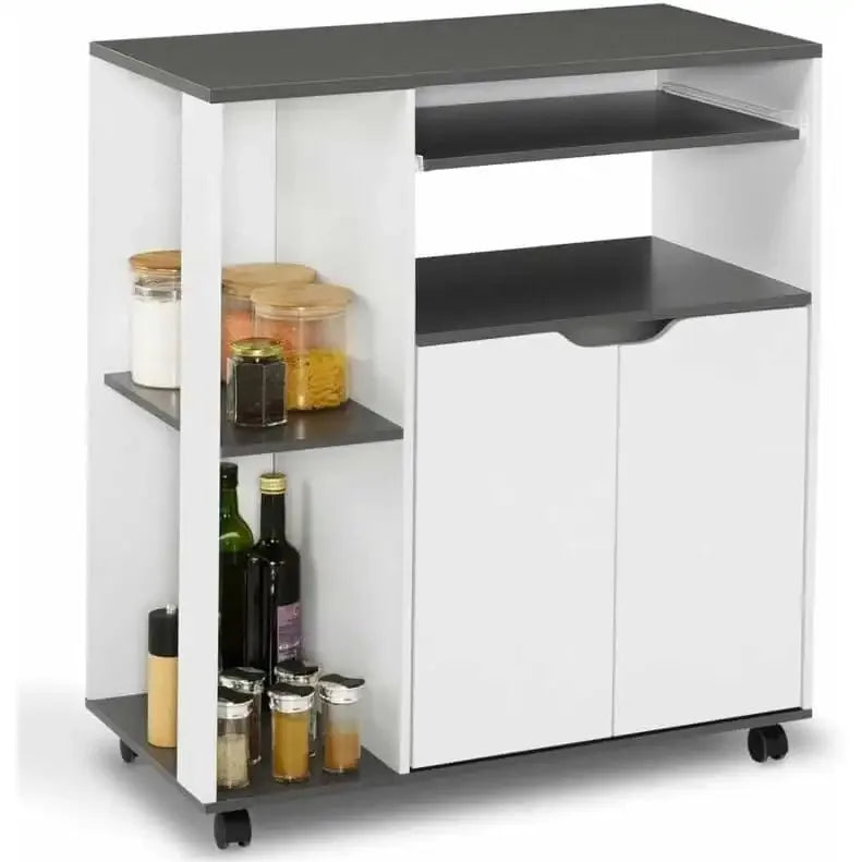 Coffee corner cabinet with side open shelf, dark shelves, white doors, rolling casters