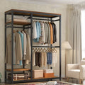 Metal clothes stand with MDF shelves and hanging rails, open double-sided rack