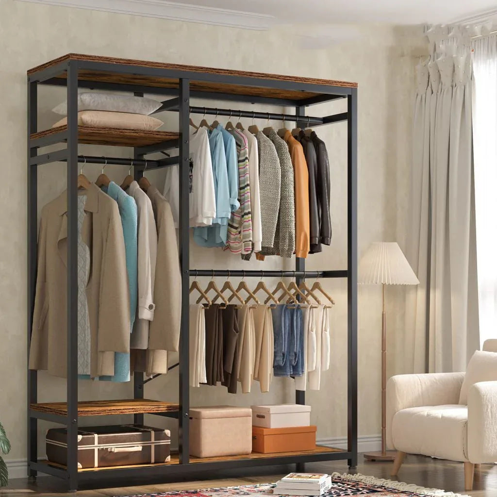 Metal clothes stand with MDF shelves and hanging rails, open double-sided rack