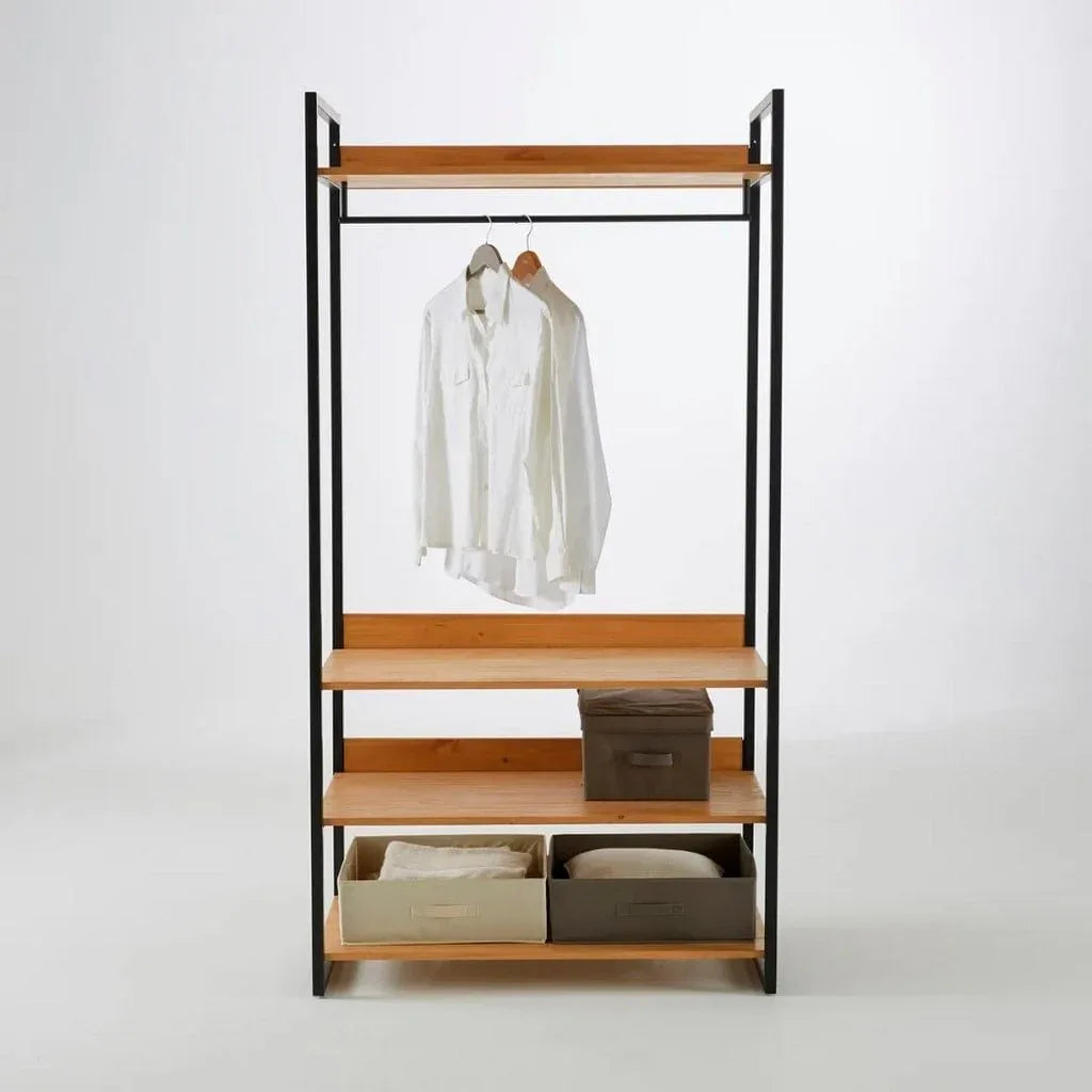 Metal clothes rack with wood shelves, hanging rail, and lower storage bins in frame