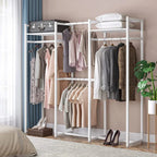 White clothes rack with shelves and hanging sections, multiple hooks and garment rails, shoes below