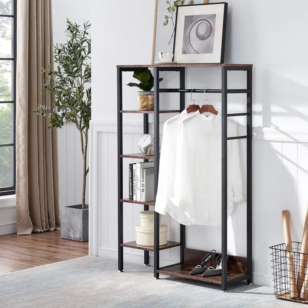 Metal clothes stand with MDF shelves and open frame, rectangular hanging area