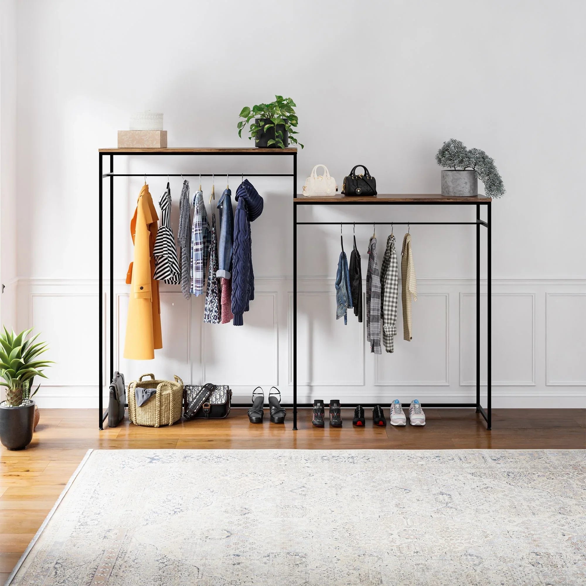 DAN clothes stand with metal frame, two top shelves, hanging rail for coats and shirts