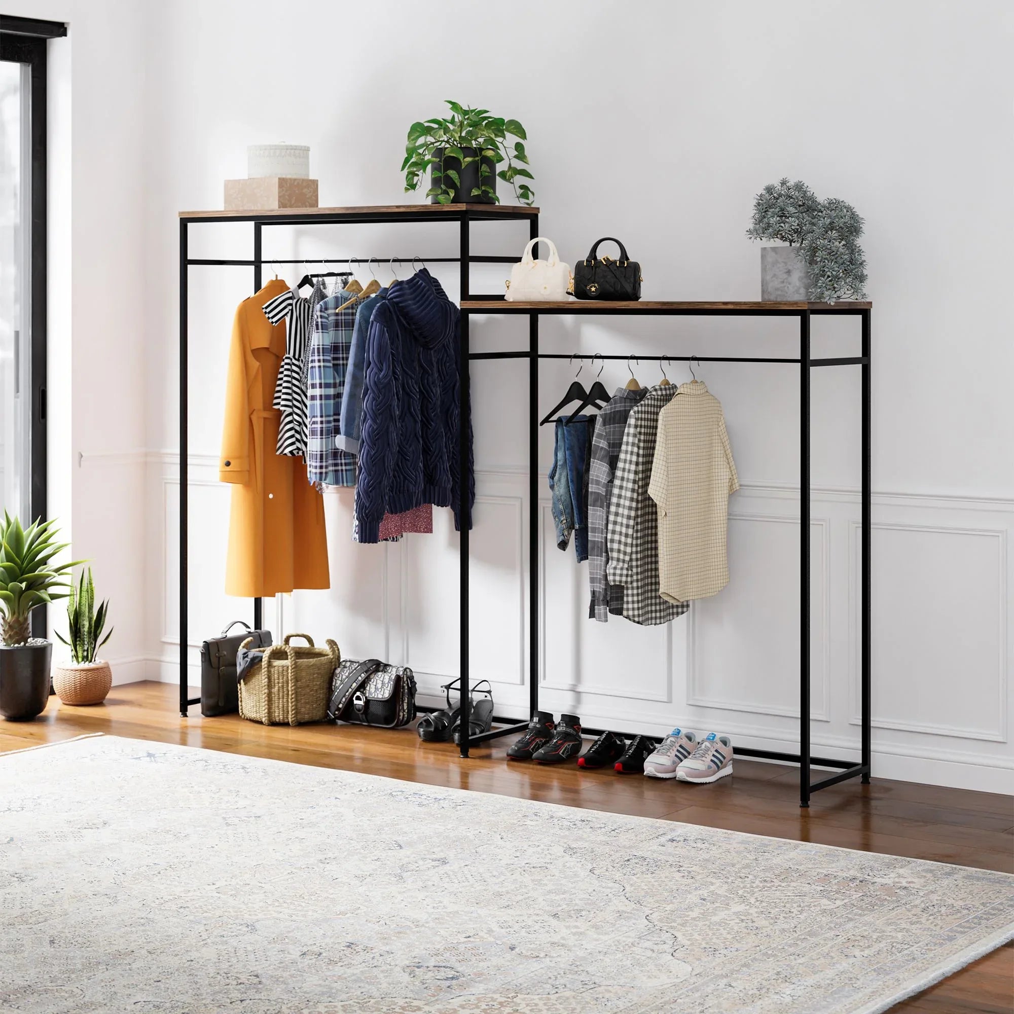 DAN clothes stand with metal frame, MDF shelves, hanging rods for coats and shirts