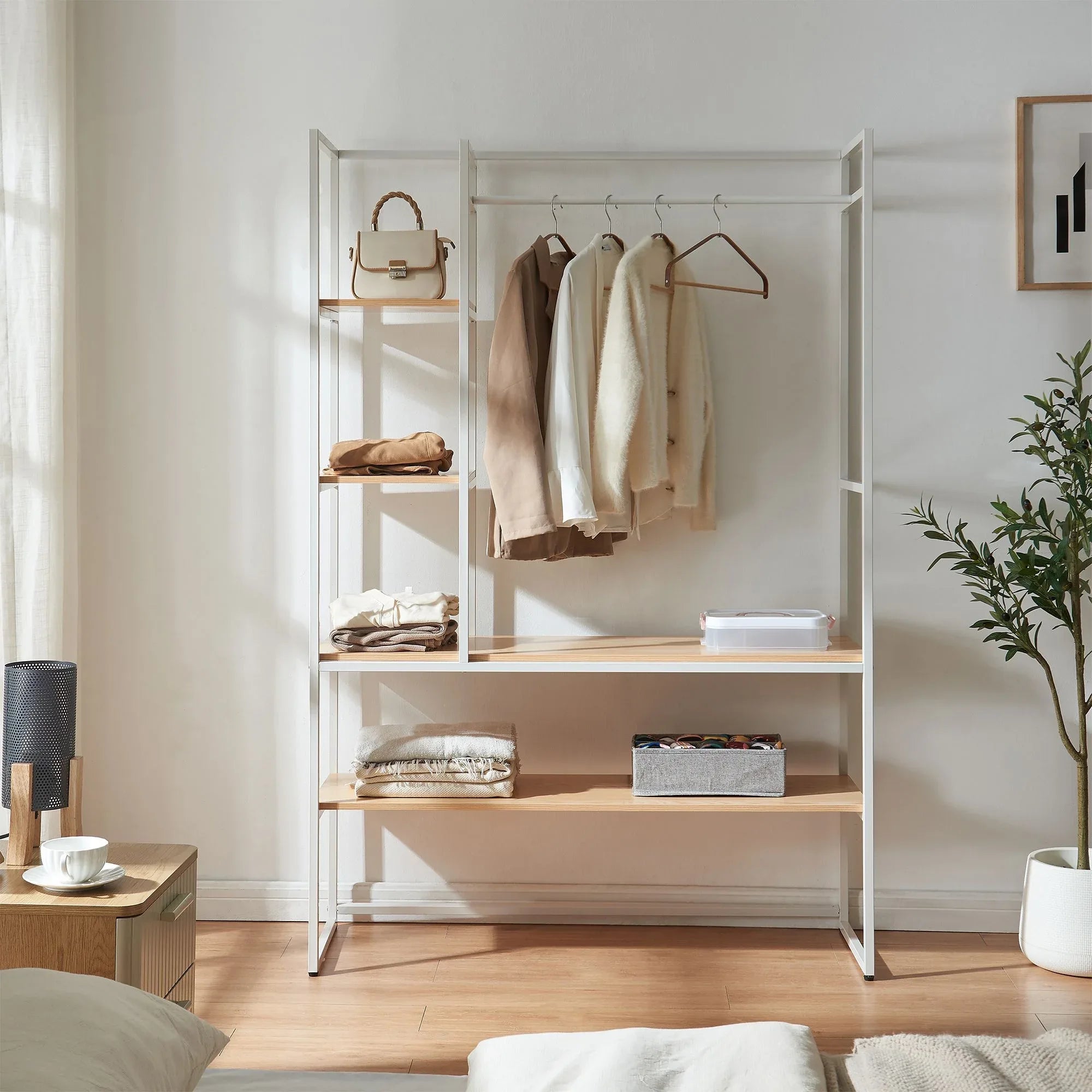 Metal clothes stand with MDF shelves and hanging bar, open front with hooks