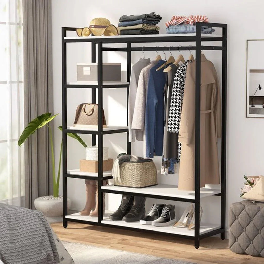 Clothes stand with black metal frame and open MDF shelves for coats, shoes, and hats