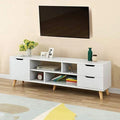 White MDF TV table with open center shelf and two drawers, 140x30x40cm