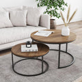 Round nesting coffee table set, light wood MDF tops with black metal bases