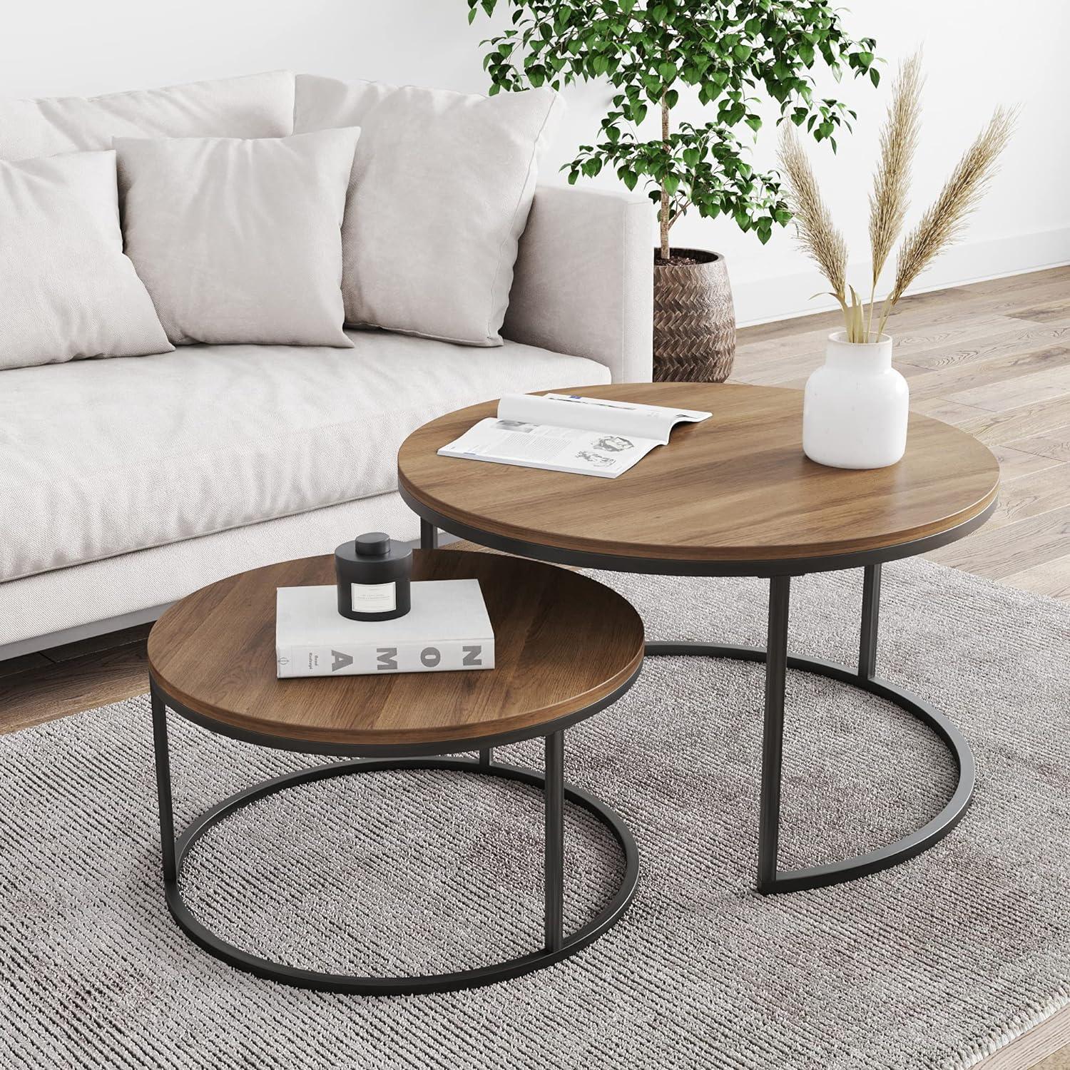 Round nesting coffee table set, light wood MDF tops with black metal bases