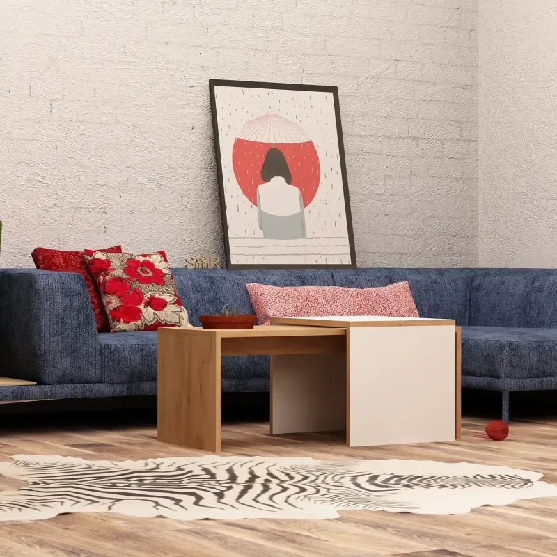 Light wood MDF coffee table with open shelf and white front panel, 90x40x42cm