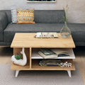 MDF coffee table with light wood top, white legs, and open lower shelf for books