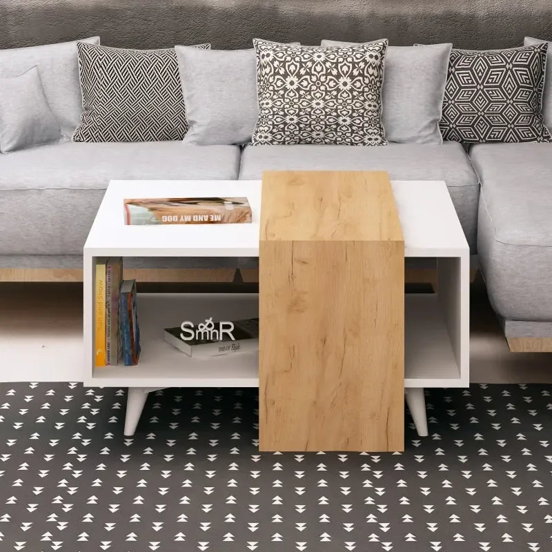 Square coffee table with light wood top and white MDF storage shelf, 70x70cm