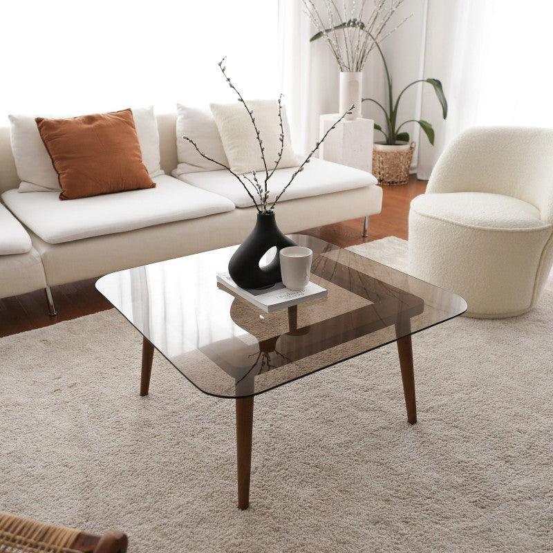 Square coffee table with clear glass top and wooden legs, 80x80x40cm