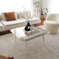 Square coffee table with clear glass top and wooden base, 80x80cm.