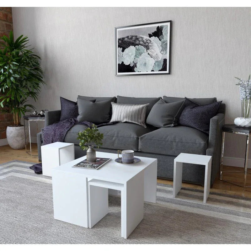 White MDF coffee table viewed from corner, square top 60x60x37cm