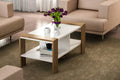 Coffee table with light wood frame and white top, two-tier shelves, 90x60x42 cm