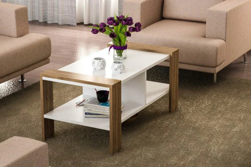 Coffee table with light wood frame and white top, two-tier shelves, 90x60x42 cm