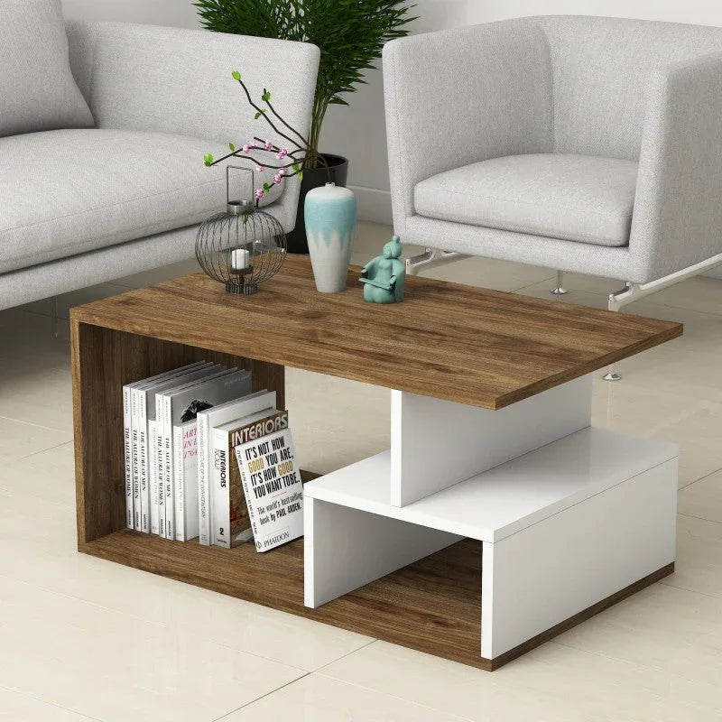 Lola coffee table in MDF with wood-look top, white base, and open side storage shelf