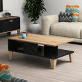 Rectangular coffee table with light wood top and dark black MDF base, wooden legs