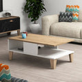 LEONA MDF coffee table with light wood top, white storage shelf, and wooden legs