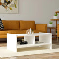 White MDF coffee table, open front shelves, 90x50x35cm