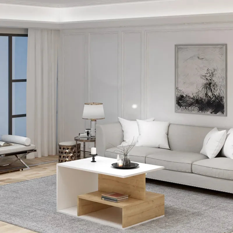 White MDF coffee table with light wood open shelf, 90x50x48.6cm
