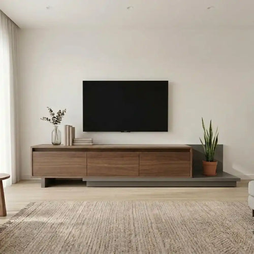 CORA MDF TV table, medium-brown finish, three front cabinet sections